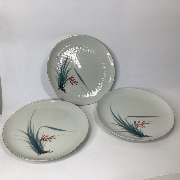 Vtg 3 Nunome China Dinner Plates 10 in Grass Red Flower Gray Plaid Japan OOAK‎ - Picture 7 of 9